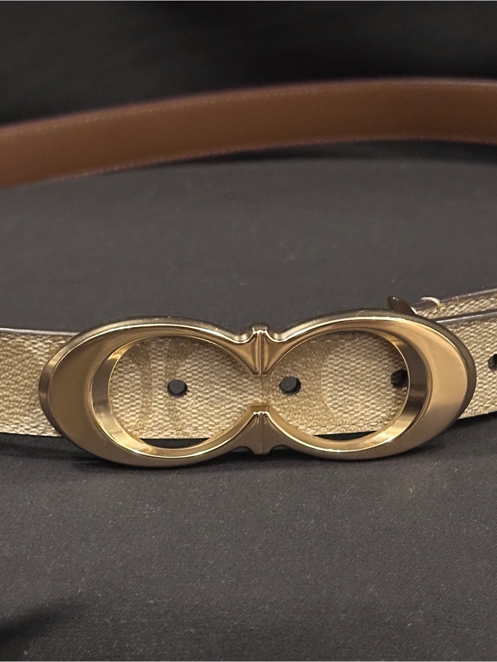 Coach Double-O Gold Buckle Belt in Beige and Brown